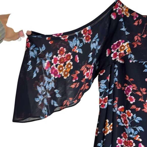 Xhiliration 3X Pink Blue Floral Cold Shoulder Ruffle Adj Strap Midi Dress Summer - Picture 4 of 10